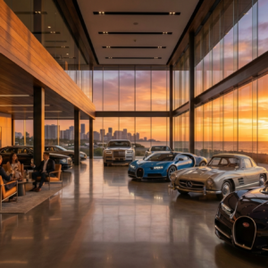 Luxury cars inside a modern glass showroom with a coastal city sunset background.