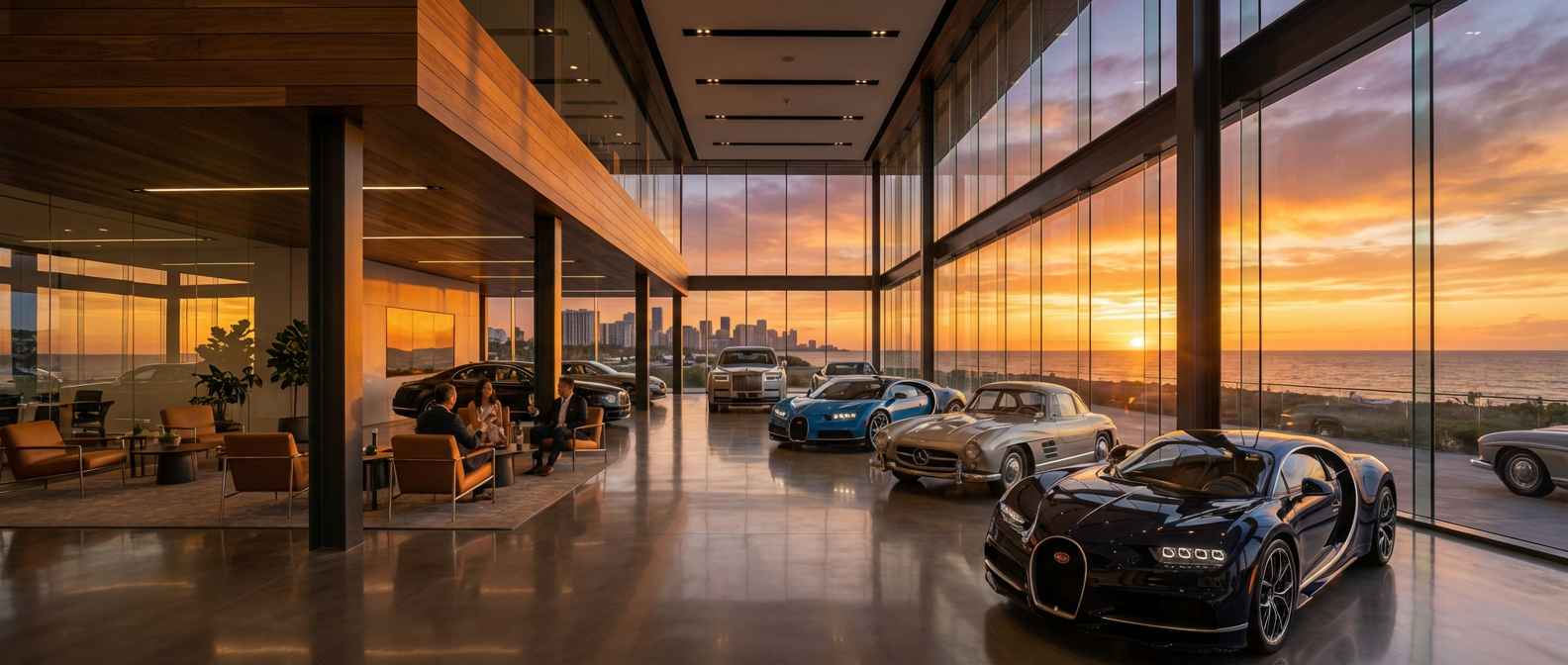 Luxury cars inside a modern glass showroom with a coastal city sunset background.