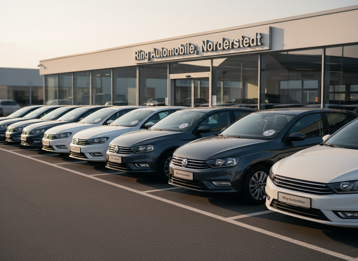 A row of carefully aligned, affordable used cars in varying neutral tones—white, gray, and dark blue—positioned on clean, clearly marked asphalt in front of a modern dealership building labeled Ring Automobile, Norderstedt. Each car appears freshly washed and inspected, with visible inspection stickers and subtle highlights on polished surfaces. Late-afternoon natural light creates a soft golden sheen across hoods and windshields, casting long but gentle shadows. Photographic realism at a slightly elevated wide-angle captures the full row, with sharp focus in the foreground and a mild bokeh effect toward the background. The scene feels orderly, transparent, and professional, emphasizing selection and reliability without any human presence.