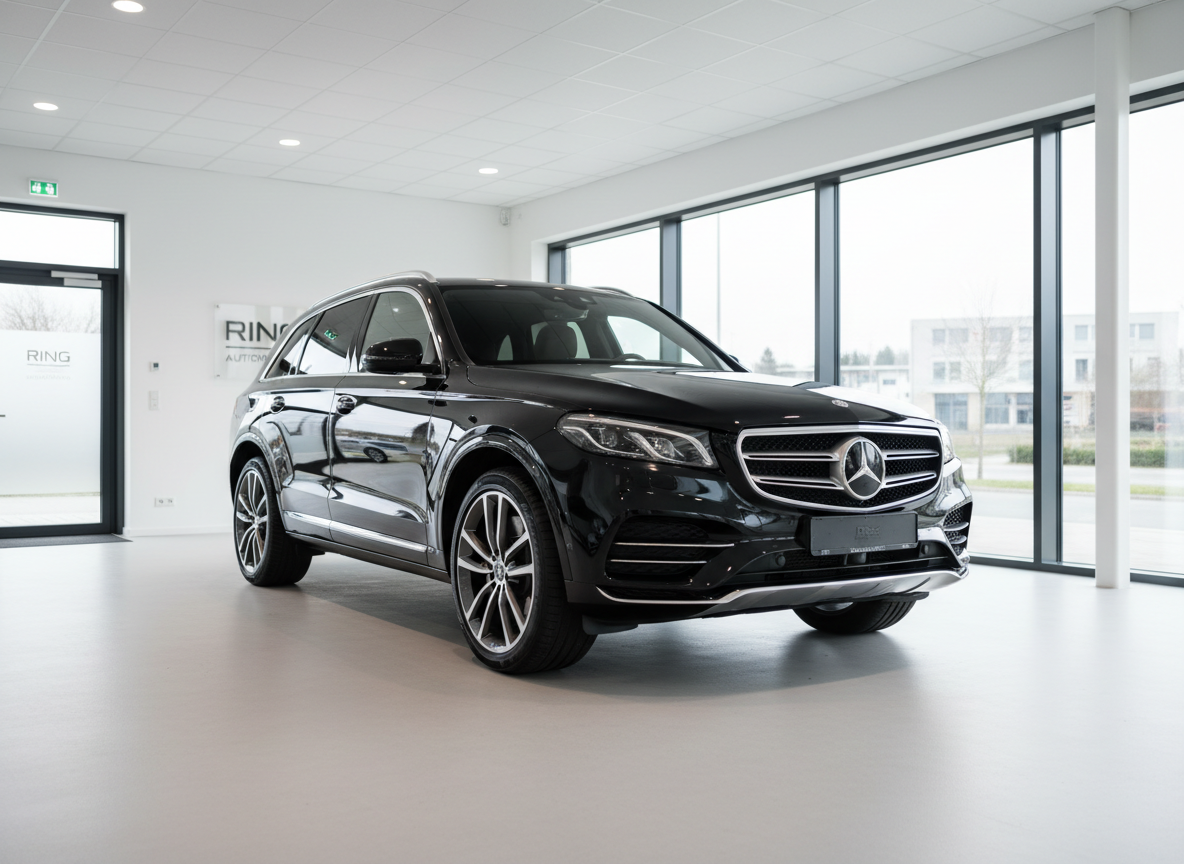 A highline category luxury SUV in deep metallic black, its bodywork flawless and glossy, parked inside a bright, minimalist showroom at Ring Automobile. The vehicle is centered on a pristine light-gray epoxy floor, with clean white walls and large floor-to-ceiling windows framing a subtle Norderstedt city backdrop. Natural daylight floods in and mixes with discreet, cool-white ceiling spotlights, creating crisp reflections along the SUV’s chrome trim and sculpted contours. Shot in photographic realism from a low three-quarter front angle, the composition emphasizes prestige and quality, with a shallow depth of field gently softening the background. A sleek, modern, and professional mood highlights the dealership’s expertise in well-maintained premium vehicles.