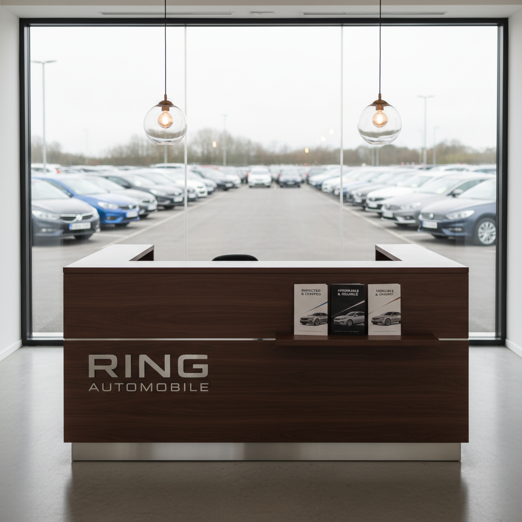 A bright, modern reception and consultation corner at Ring Automobile designed specifically for used car customers, featuring a sleek dark-wood counter with a brushed metal Ring Automobile logo, and a glass partition overlooking the dealership lot filled with neatly arranged vehicles. Brochures about inspected, affordable, and highline used cars are fanned out on the counter, their covers sharply in focus while the cars outside remain softly blurred. Natural daylight pours in through large windows, complemented by warm pendant lights above the counter, creating a welcoming yet professional ambiance. Photographic realism at a slightly elevated angle highlights clean lines, organized space, and a sense of transparent, trustworthy service without any human presence.