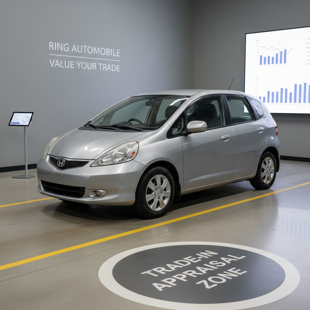 A compact used car being appraised for trade-in at Ring Automobile, positioned centrally in a dedicated evaluation area marked by clear floor lines and minimalistic signage. The car’s exterior shows honest but minor wear—lightly worn tires, subtle surface swirls on the paint—yet appears well-kept and clean. Surrounding the vehicle are discreet elements of professionalism: a digital tablet resting on a pedestal stand, a wall-mounted screen displaying valuation graphics, all softly out of focus. Neutral, diffused indoor lighting ensures every detail is visible without harsh contrast. Shot in photographic realism at eye level with balanced composition, the mood conveys fairness, clarity, and an easy, straightforward trade-in process, with no people visible.