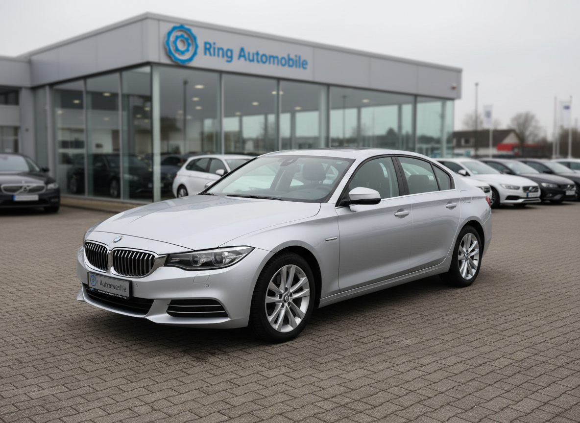 A meticulously cleaned, late-model used sedan in metallic silver parked at a modern car dealership lot in Norderstedt, the Ring Automobile logo clearly visible on a glass-fronted showroom in the background. The car’s paint has a subtle gloss, reflections crisp on its smooth surfaces, alloy wheels spotless, and tires deep black. Soft, diffused afternoon daylight from an overcast sky creates even lighting with gentle shadows under the vehicle. Shot at eye level in photographic realism, using a slight three-quarter front angle to showcase both grille and side profile. The composition follows the rule of thirds, with other blurred, neatly arranged vehicles in the background, conveying a professional, trustworthy, and well-organized dealership atmosphere.